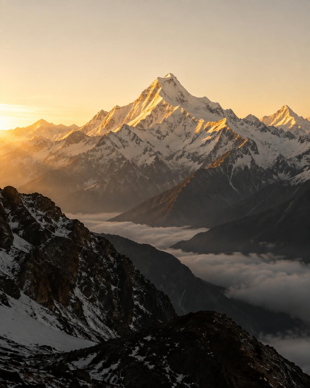 Illustration : sommets enneigés de l'Himalaya au lever du jour