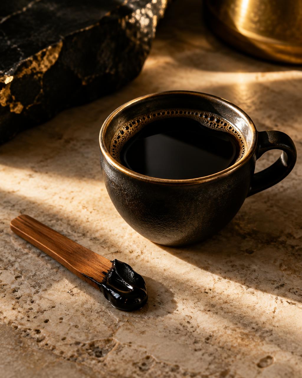 Illustration : café noir et portion de résine sur une spatule