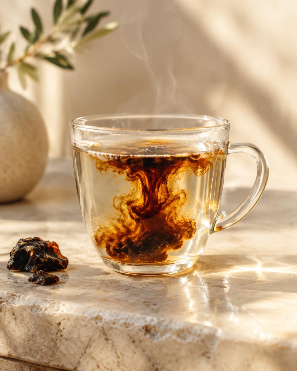 Illustration : résine qui se dissout dans une tasse d'eau tiède
